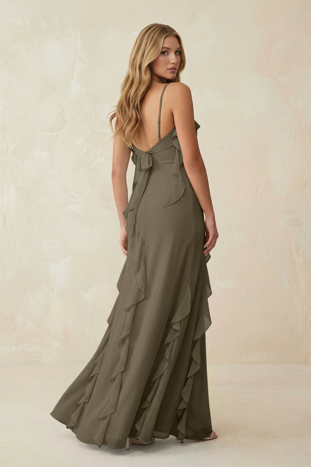 Ruffled Cami Strap Chiffon Sheath Bridesmaid Dress in Willow Green - KISS BRIDAL Bridesmaid Dresses