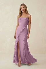 Ruffled Cami Strap Chiffon Sheath Bridesmaid Dress in Wisteria - KISS BRIDAL Bridesmaid Dresses
