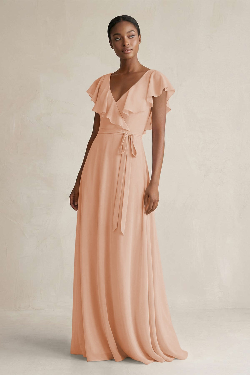 A-Line V-Neck Ruffled Sleeve Chiffon Bridesmaid Dress in Champagne Rose - KISS BRIDAL BRIDESMAID DRESSES