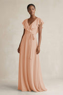 A-Line V-Neck Ruffled Sleeve Chiffon Bridesmaid Dress in Champagne Rose - SHE IS ME BRIDESMAID DRESSES