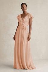 A-Line V-Neck Ruffled Sleeve Chiffon Bridesmaid Dress in Champagne Rose - KISS BRIDAL BRIDESMAID DRESSES