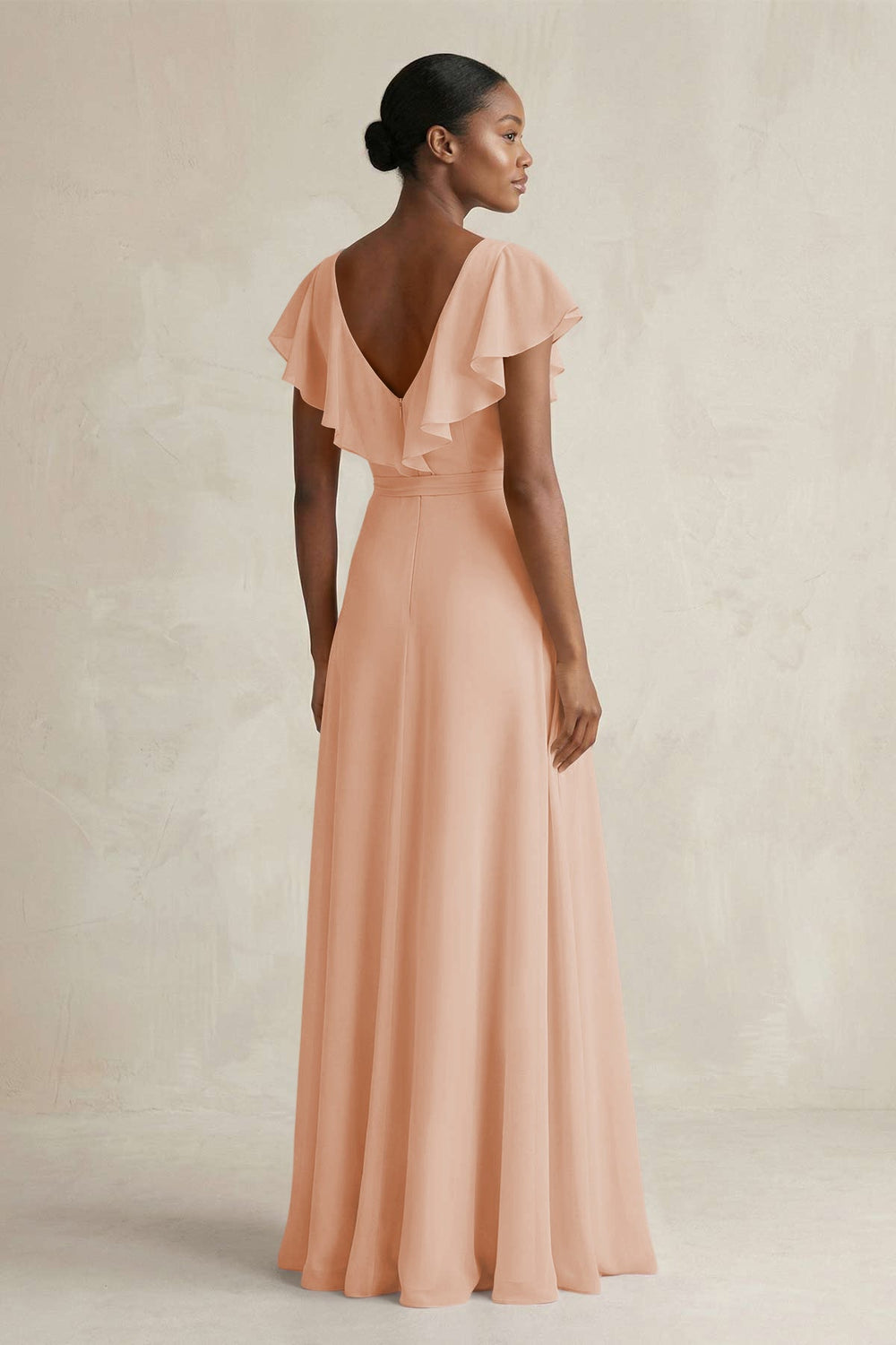 A-Line V-Neck Ruffled Sleeve Chiffon Bridesmaid Dress in Champagne Rose - KISS BRIDAL BRIDESMAID DRESSES