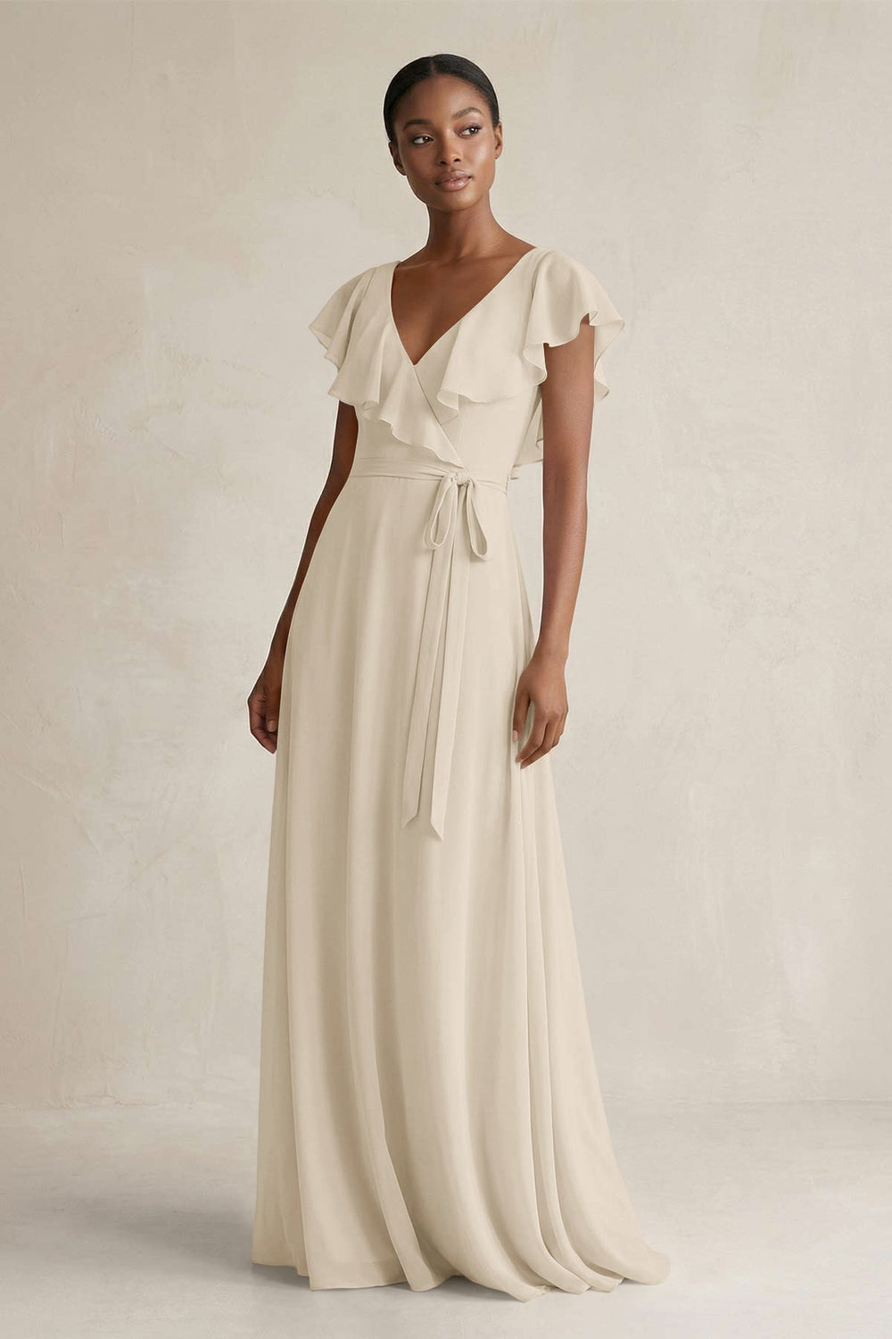 A-Line V-Neck Ruffled Sleeve Chiffon Bridesmaid Dress in Champagne - KISS BRIDAL BRIDESMAID DRESSES