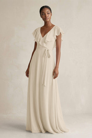A-Line V-Neck Ruffled Sleeve Chiffon Bridesmaid Dress in Champagne - SHE IS ME BRIDESMAID DRESSES