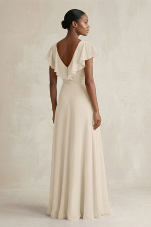 A-Line V-Neck Ruffled Sleeve Chiffon Bridesmaid Dress in Champagne - SHE IS ME BRIDESMAID DRESSES