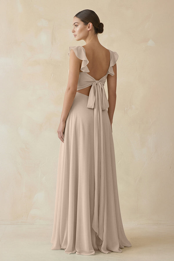 Ruffled Chiffon A-Line Long Bridesmaid Dress in Almond