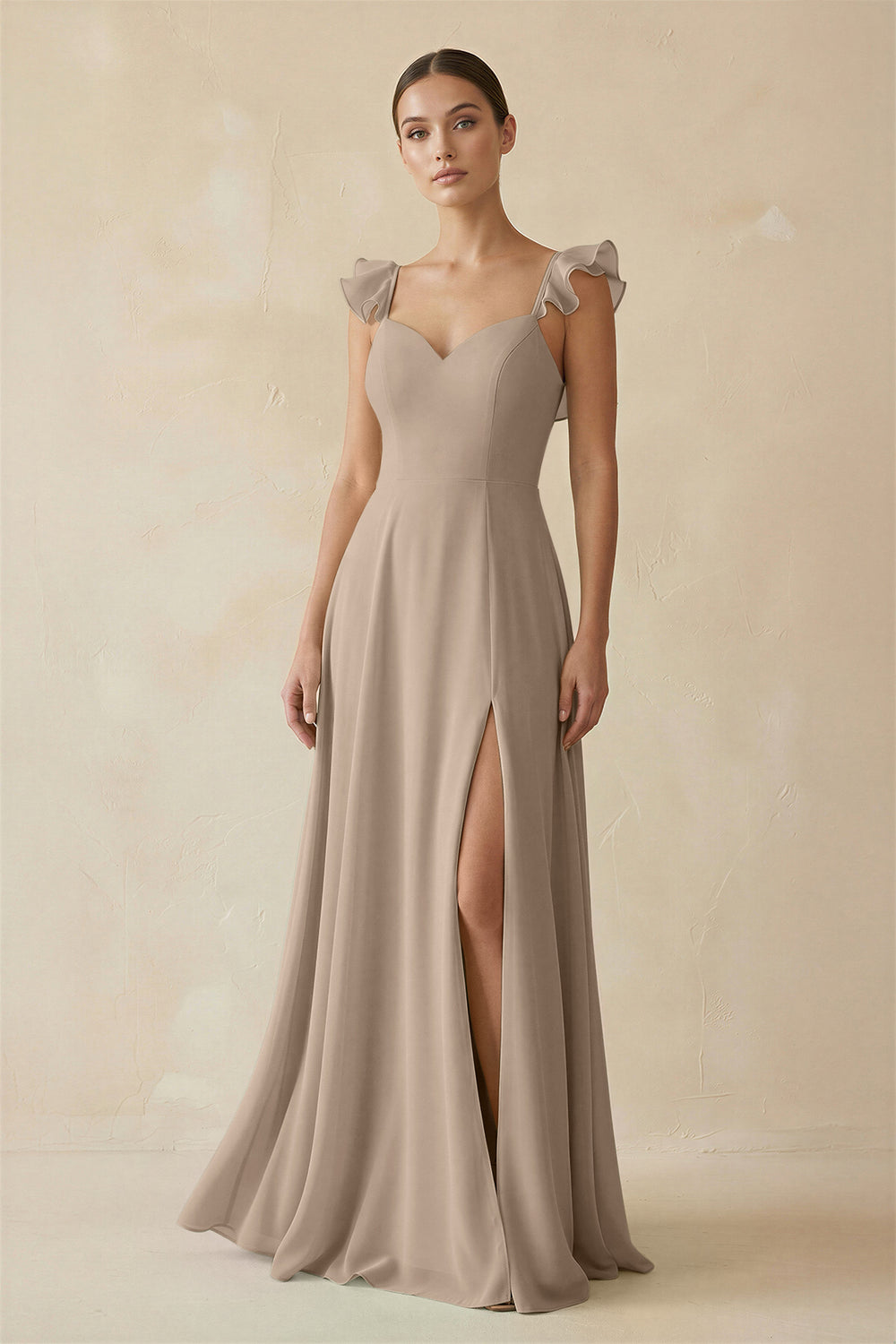 Ruffled Chiffon A-Line Long Bridesmaid Dress in Almond