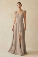 Ruffled Chiffon A - Line Long Bridesmaid Dress in Almond - KISS BRIDAL