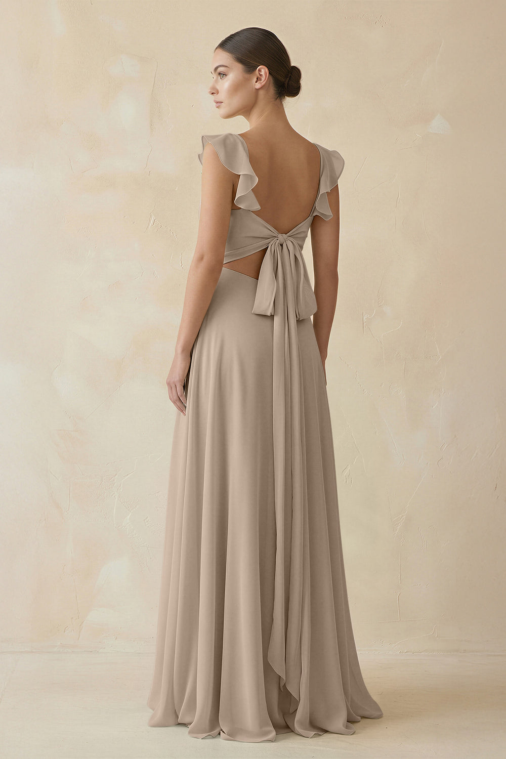 Ruffled Chiffon A-Line Long Bridesmaid Dress in Almond