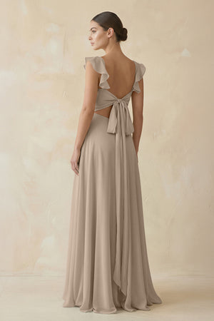 Ruffled Chiffon A - Line Long Bridesmaid Dress in Almond - KISS BRIDAL