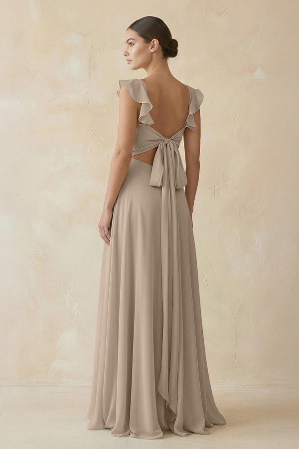 Ruffled Chiffon A - Line Long Bridesmaid Dress in Almond - KISS BRIDAL