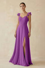 Ruffled Chiffon A - Line Long Bridesmaid Dress in Amethyst - KISS BRIDAL
