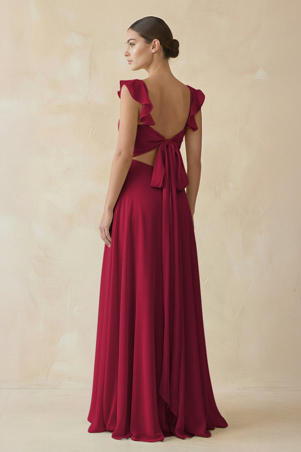 Ruffled Chiffon A - Line Long Bridesmaid Dress in Berry - SHE IS ME