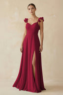 Ruffled Chiffon A - Line Long Bridesmaid Dress in Berry - SHE IS ME