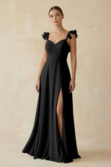Ruffled Chiffon A - Line Long Bridesmaid Dress in Black - KISS BRIDAL