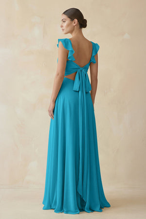 Ruffled Chiffon A - Line Long Bridesmaid Dress in Blue Jay - SHE IS ME