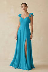 Ruffled Chiffon A - Line Long Bridesmaid Dress in Blue Jay - KISS BRIDAL