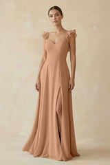 Ruffled Chiffon A - Line Long Bridesmaid Dress in Bronzer - KISS BRIDAL