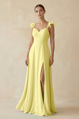 Ruffled Chiffon A - Line Long Bridesmaid Dress in Buttercup - KISS BRIDAL