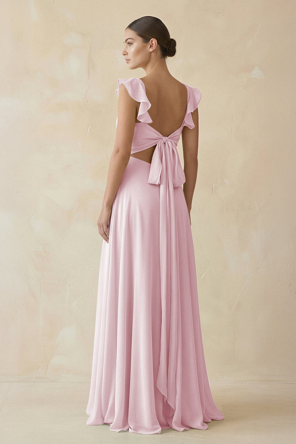 Ruffled Chiffon A - Line Long Bridesmaid Dress in Candy Pink - SHE IS ME