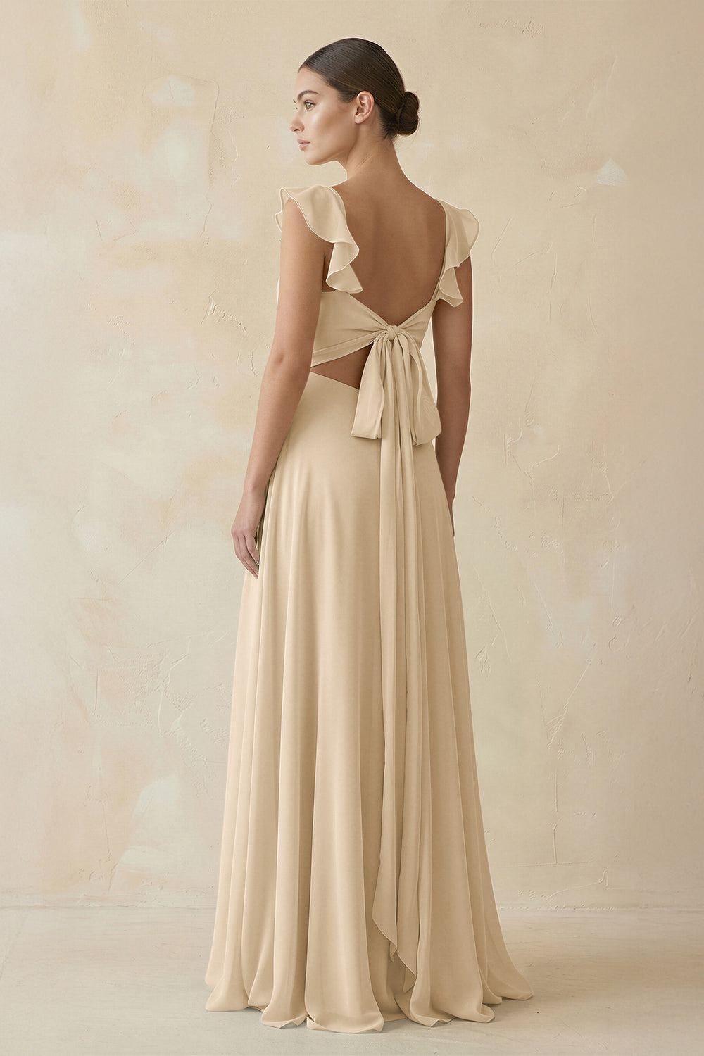 Ruffled Chiffon A-Line Long Bridesmaid Dress in Champagne