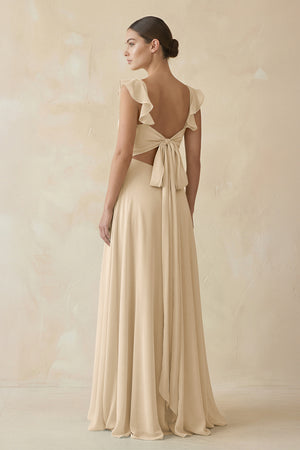 Ruffled Chiffon A - Line Long Bridesmaid Dress in Champagne - KISS BRIDAL