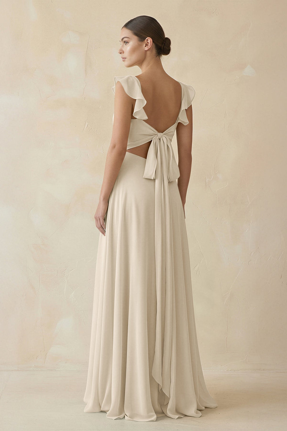 Ruffled Chiffon A - Line Long Bridesmaid Dress in Champagne - SHE IS ME