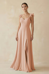 Ruffled Chiffon A - Line Long Bridesmaid Dress in Champagne Rose - KISS BRIDAL