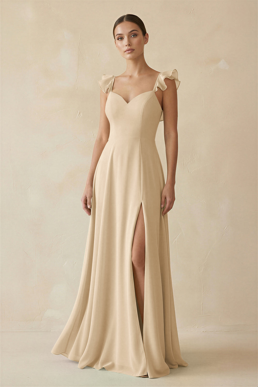 Ruffled Chiffon A-Line Long Bridesmaid Dress in Champagne