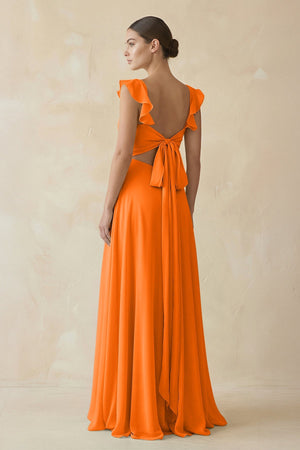 Ruffled Chiffon A - Line Long Bridesmaid Dress in Cinnamon - SHE IS ME