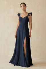 Ruffled Chiffon A - Line Long Bridesmaid Dress in Dark Navy - KISS BRIDAL