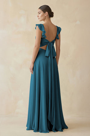Ruffled Chiffon A - Line Long Bridesmaid Dress in Dark Teal - SHE IS ME
