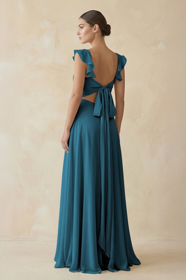 Ruffled Chiffon A - Line Long Bridesmaid Dress in Dark Teal - SHE IS ME