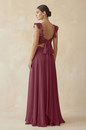Ruffled Chiffon A-Line Long Bridesmaid Dress in Desert Rose (2) | KISSBRIDAL