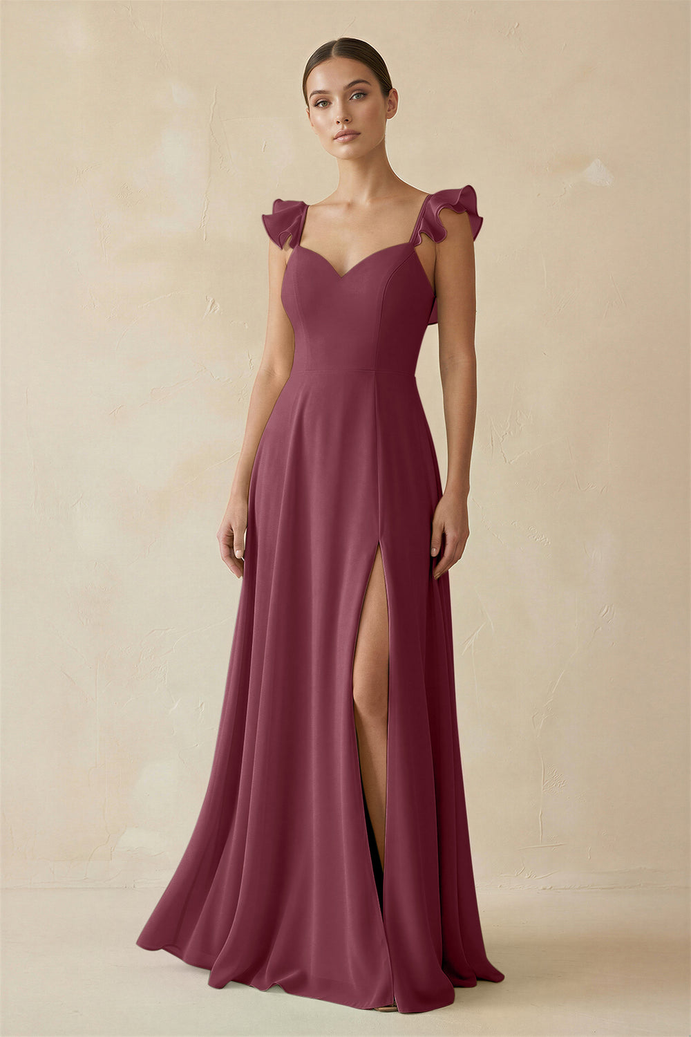 Ruffled Chiffon A-Line Long Bridesmaid Dress in Desert Rose