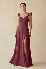 Ruffled Chiffon A-Line Long Bridesmaid Dress in Desert Rose | KISSBRIDAL