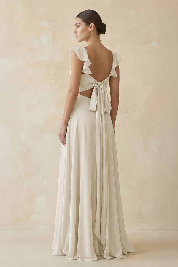 Ruffled Chiffon A - Line Long Bridesmaid Dress in Dove Gray - SHE IS ME