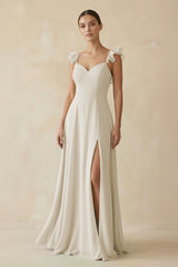 Ruffled Chiffon A - Line Long Bridesmaid Dress in Dove Gray - KISS BRIDAL