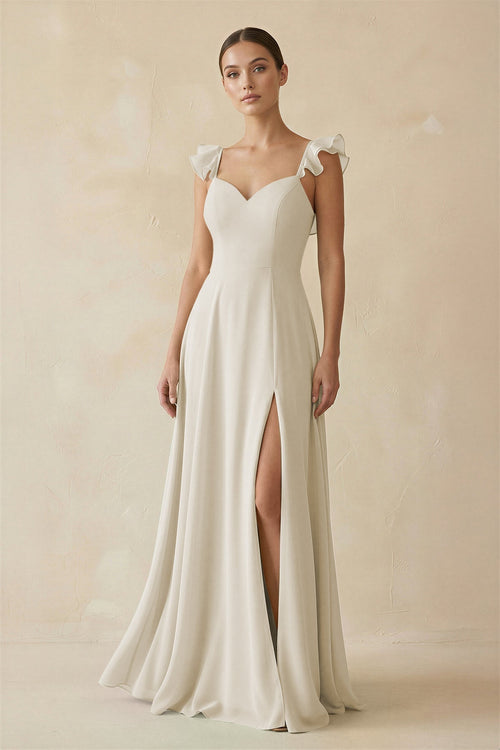 Ruffled Chiffon A - Line Long Bridesmaid Dress in Dove Gray - SHE IS ME
