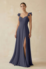 Ruffled Chiffon A - Line Long Bridesmaid Dress in Dusk Blue - KISS BRIDAL