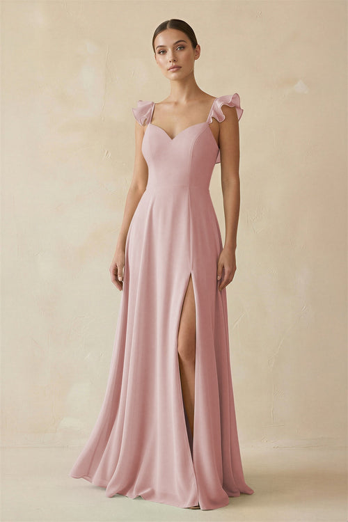 Ruffled Chiffon A - Line Long Bridesmaid Dress in Dusty Rose - SHE IS ME