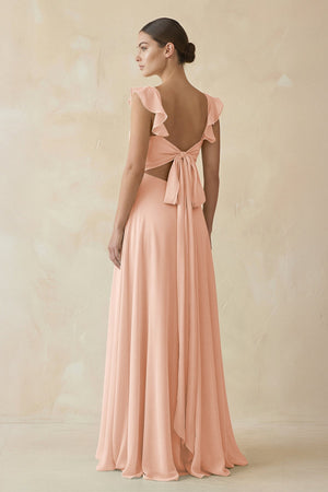Ruffled Chiffon A - Line Long Bridesmaid Dress in English Rose - SHE IS ME
