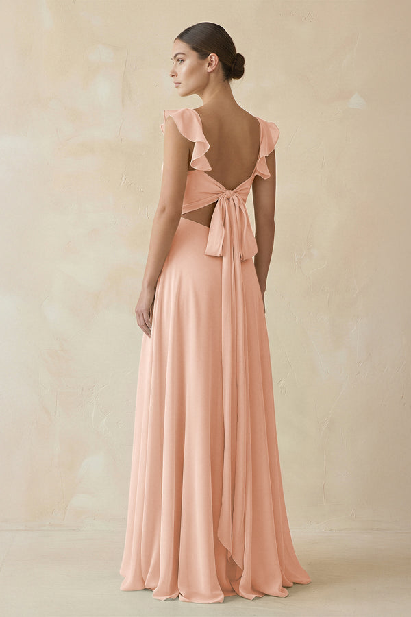 Ruffled Chiffon A - Line Long Bridesmaid Dress in English Rose - SHE IS ME