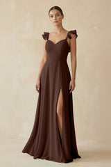 Ruffled Chiffon A - Line Long Bridesmaid Dress in Espresso - KISS BRIDAL