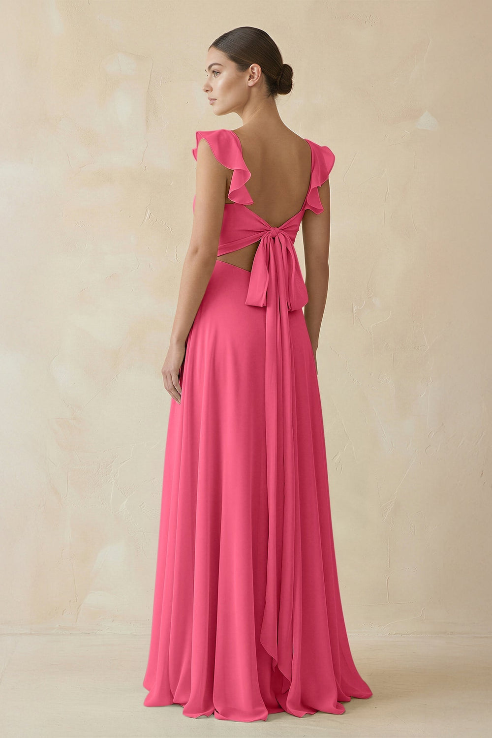Ruffled Chiffon A - Line Long Bridesmaid Dress in Fuchsia - SHE IS ME