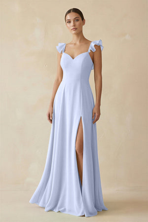 Ruffled Chiffon A - Line Long Bridesmaid Dress in Ice - SHE IS ME