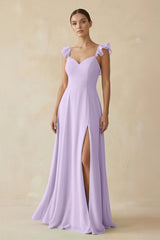 Ruffled Chiffon A - Line Long Bridesmaid Dress in Lavender - KISS BRIDAL