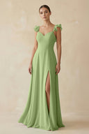 Ruffled Chiffon A - Line Long Bridesmaid Dress in Matcha - SHE IS ME