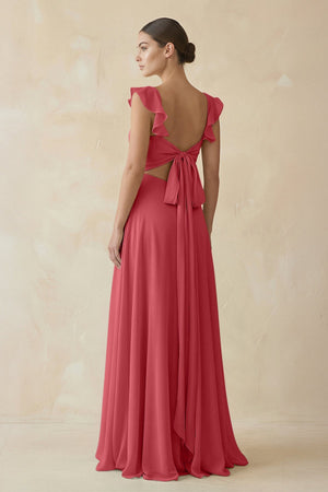 Ruffled Chiffon A - Line Long Bridesmaid Dress in Merlot - SHE IS ME