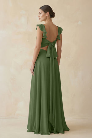 Ruffled Chiffon A-Line Long Bridesmaid Dress in Moss (2) | KISSBRIDAL